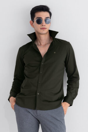 Snitch On Loop Olive Satin Stretch Cotton Blend Slim Fit Shirt