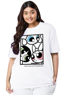 Bewakoof Official Cartoon Network Merchandise Powerpuff Girls Women's Cotton Graphic Print Oversized Fit Round Neck Plus Size T-Shirt