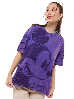 Bewakoof Official Disney Merchandise Mickey Women's Cotton Graphic Print Oversized Fit Round Neck T-Shirt