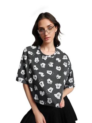 Bewakoof Official Disney Merchandise Women's All Over Printed Oversized Fit Half Sleeve Round Neck Cotton Short Top
