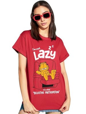 Bewakoof Official Garfield Merchandise Women's 100% Cotton Graphic Print Boyfriend Fit Round Neck T-Shirt