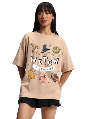 Bewakoof Official Harry Potter Merchandise Women's 100% Cotton Graphic Print Oversized Fit Round Neck T-Shirt