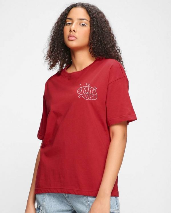 Bewakoof Oversized Women Graphic Print Round Neck Pure Cotton Red T-Shirt