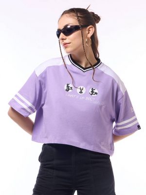 Bewakoof Oversized Women Graphic Print V Neck Pure Cotton Purple T-Shirt