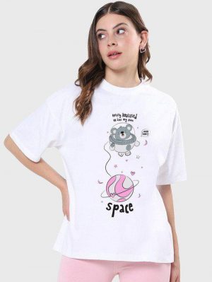 Bewakoof Oversized Women Printed Round Neck Pure Cotton White T-Shirt