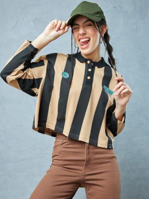 Bewakoof Oversized Women Striped Polo Neck Pure Cotton Brown T-Shirt
