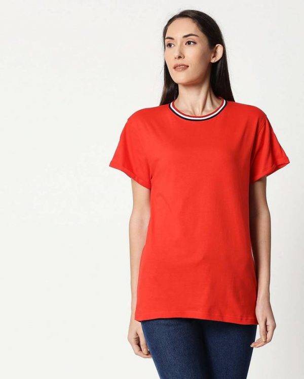 Bewakoof Women Colorblock Round Neck Pure Cotton Red, White, Blue T-Shirt