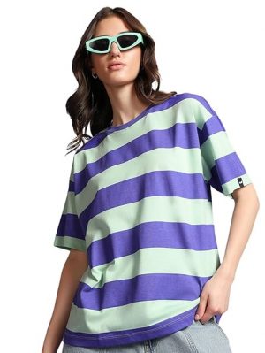 Bewakoof Women's 100% Cotton Striped Oversized Fit Round Neck T-Shirt