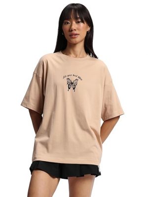 Bewakoof Women's Cotton Graphic Print Oversized Fit Round Neck T-Shirt