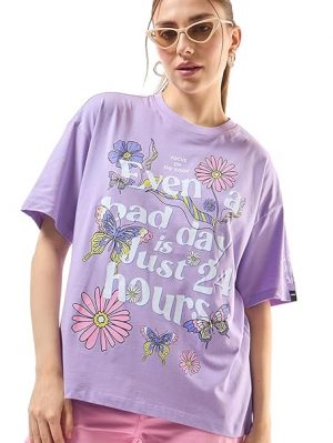 Bewakoof Women's Cotton Graphic Print Oversized Fit Round Neck T-Shirt