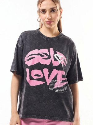 Bewakoof Women Self Love Graphic Printed Oversized Cotton Acid Wash T-shirt