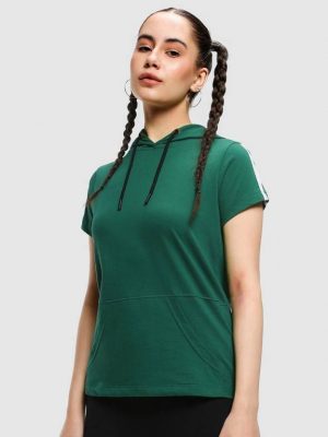 BEWAKOOF Women Solid Hooded Neck Pure Cotton Green T-Shirt