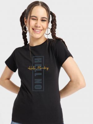 Bewakoof Women Typography Round Neck Pure Cotton Black T-Shirt
