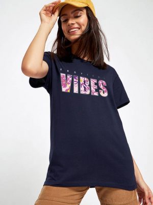 Bewakoof Women Typography Round Neck Pure Cotton Blue T-Shirt