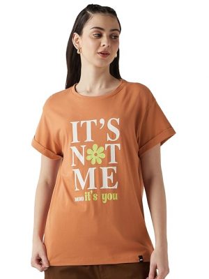 Bewakoof Women Typography Round Neck Pure Cotton Orange T-Shirt