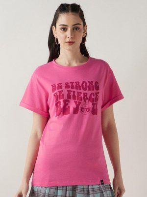 Bewakoof Women Typography Round Neck Pure Cotton Pink T-Shirt