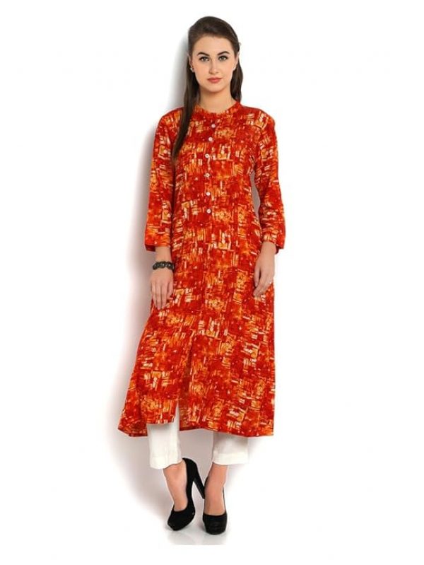 Indibelle Abstract Printed Rayon Princess Cut,Flat Collar, Fancy Button Detailing, A-Line Kurta