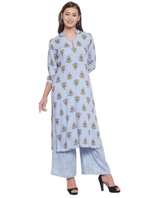 indibelle Block Print Collar Neck Straight Kurta