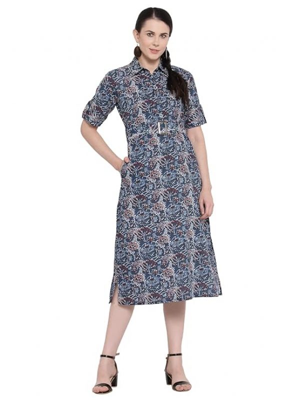 Indibelle Blue & Maroon Floral Cotton Shirt Dress
