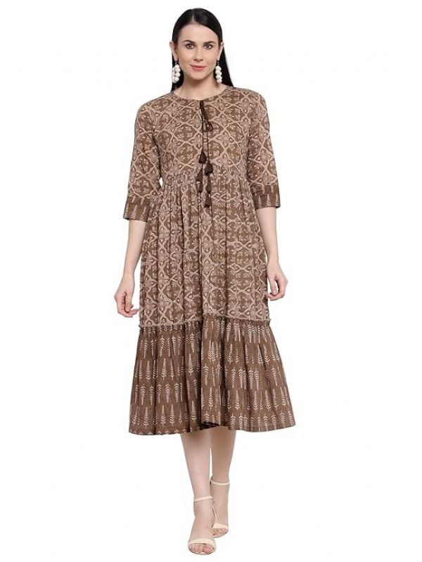 Indibelle Brown & Beige Ethnic Motifs Tie-Up Neck Cotton Ethnic A-Line Midi Dress Blue & Maroon Floral Cotton Shirt Dress