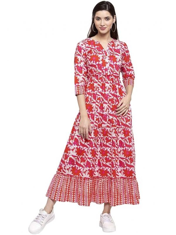 Indibelle Cotton Abstract Print Three Tiered A-line Kurta