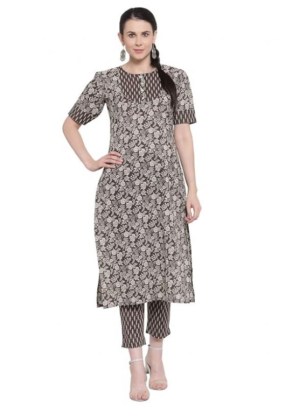 Indibelle Cotton Coffee Brown Floral Print Straight Kurta (Coffee Brown_Large)