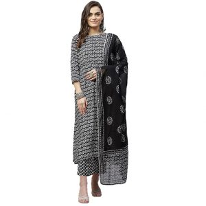 Indibelle Cotton Floral Print A-Line Kurta With Trouser And Dupatta Set