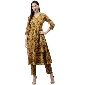 Indibelle Cotton Floral Print Angrakha Style Kurta With Trouser Set