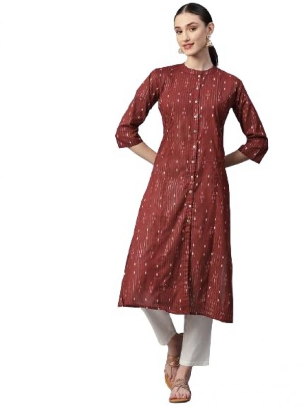 Indibelle Cotton Lurex Maroon Iket Print A-Line Kurta With Trouser