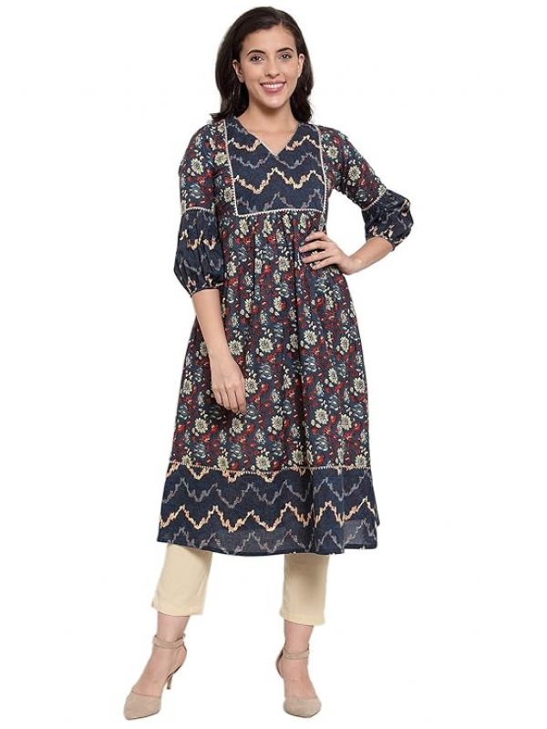 Indibelle Cotton Purssine Geomatric Print A-Line Kurta