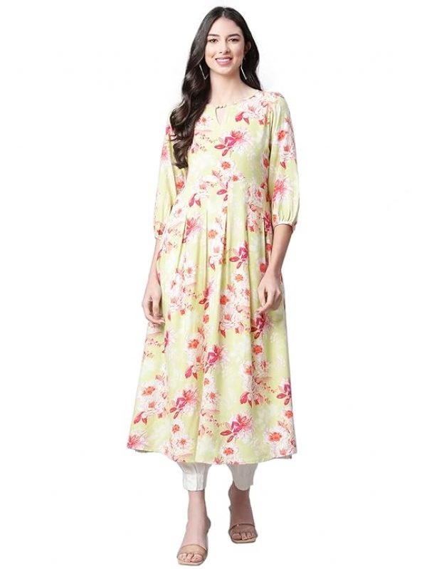 Indibelle Rayon Pista Green Floral Print A-Line Dress (Pista Green_Large)