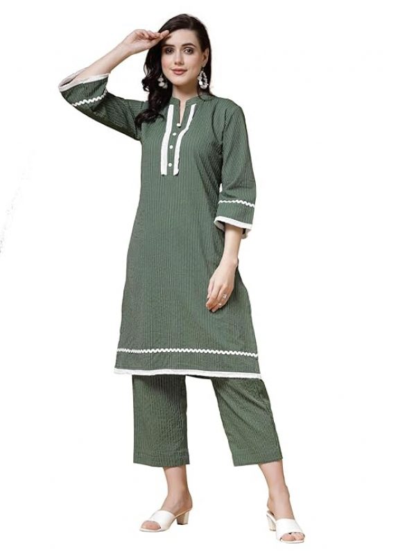 Indibelle Striped Mandarin Collar Cotton Straight Kurta