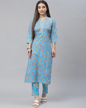 Indibelle Women Blue Floral Printed Cotton Kurta