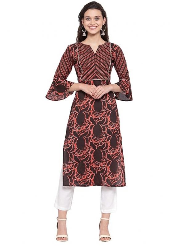 Indibelle Women Coffee Brown Printed Flared Sleeves Kurta