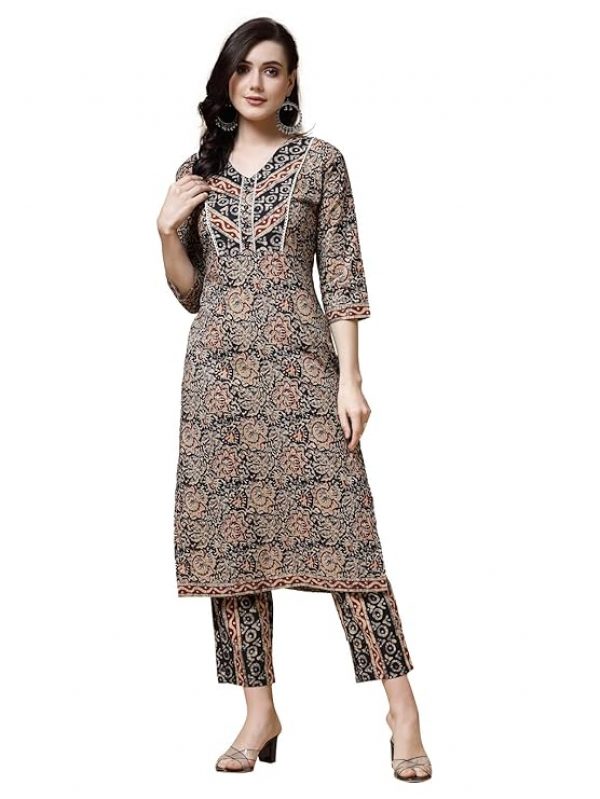 indibelle Women Floral Print Pure Cotton Straight Kurta (Black)