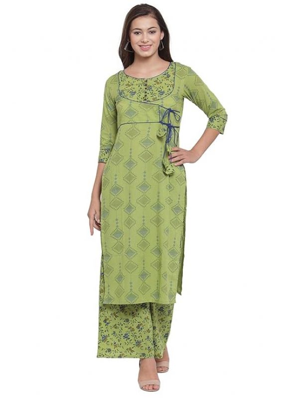 indibelle Women Floral Print Pure Cotton Straight Kurta (Green)