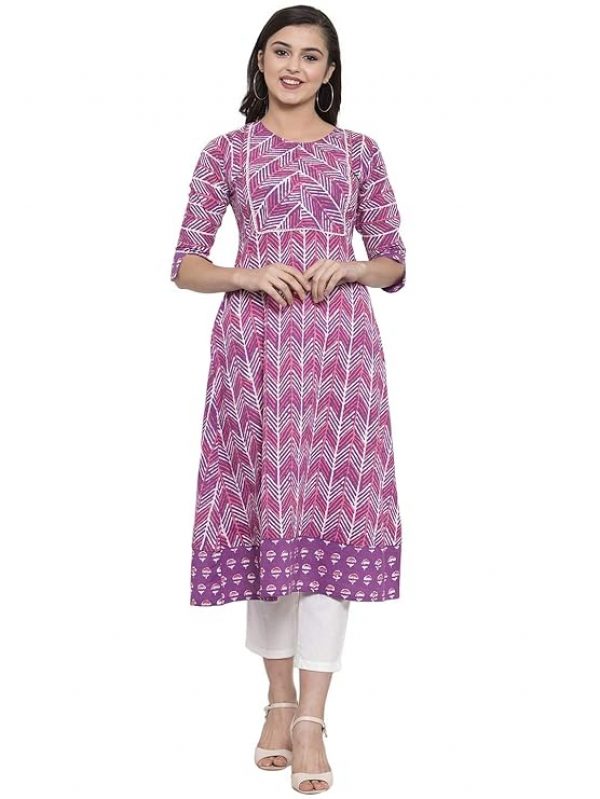indibelle Women Geometric Print Pure Cotton A-line Kurta (Purple)