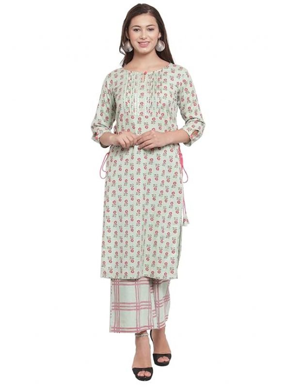 indibelle Women Green & Pink Printed Straight Kurta