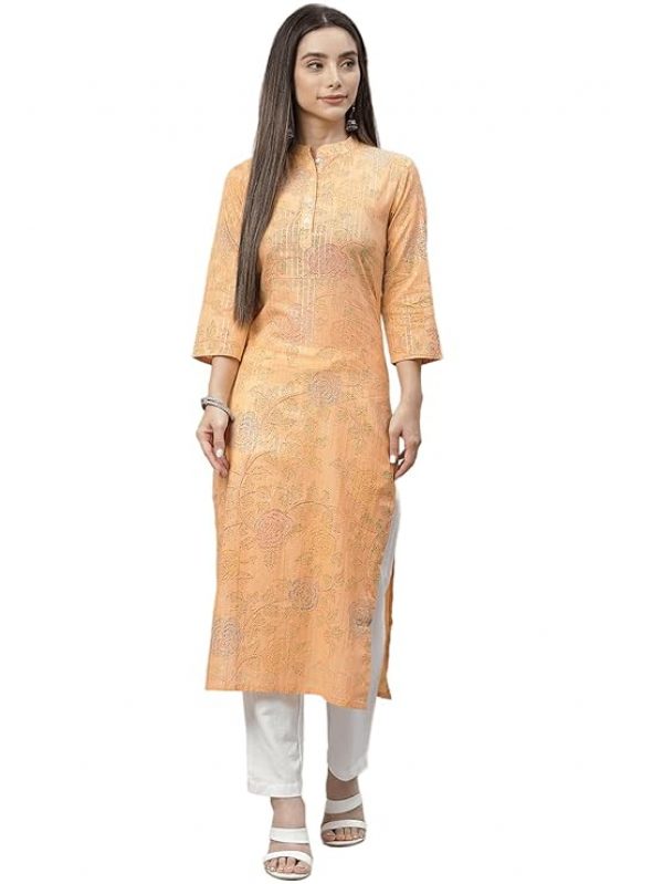 Indibelle Women Orange Floral Printed Cotton Kurta