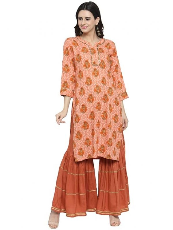 Indibelle Women Peach-Coloured & Rust Orange Booti Print Straight Kurta