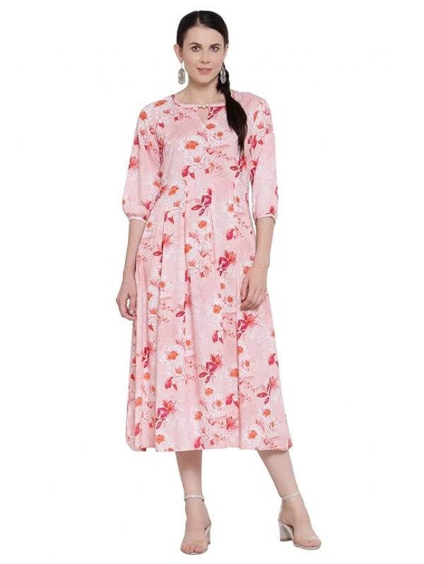 Indibelle Women Pink Floral Printed Fit and Flare Dress