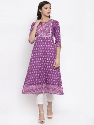 indibelle Women Purple Block Print A-Line Kurta