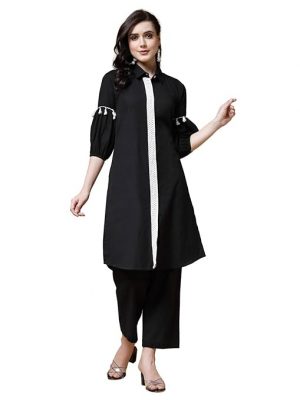indibelle Women Self Design Pure Cotton Straight Kurta (Black)