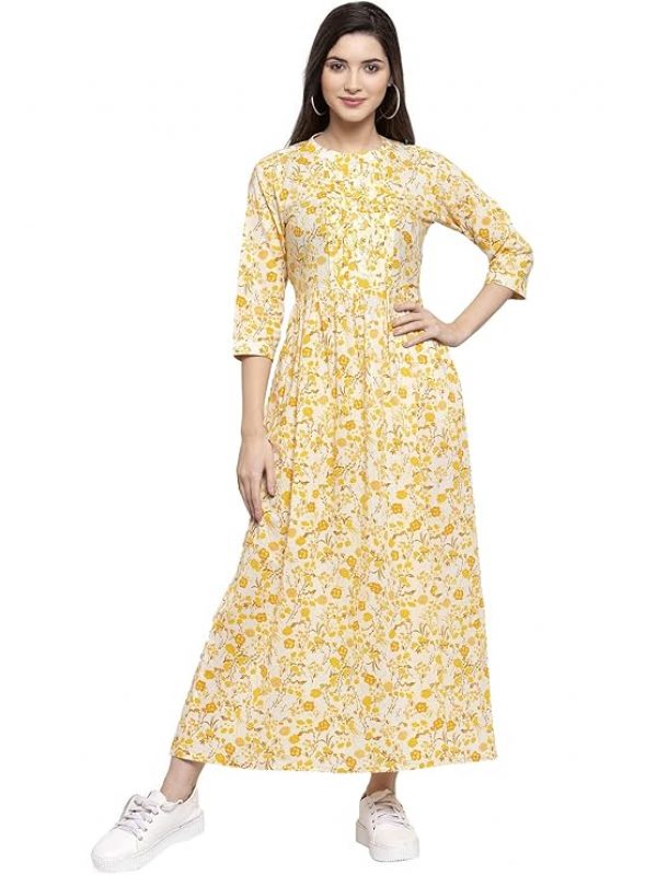 Indibelle Women Yellow & White Printed Fit and Flare Dress