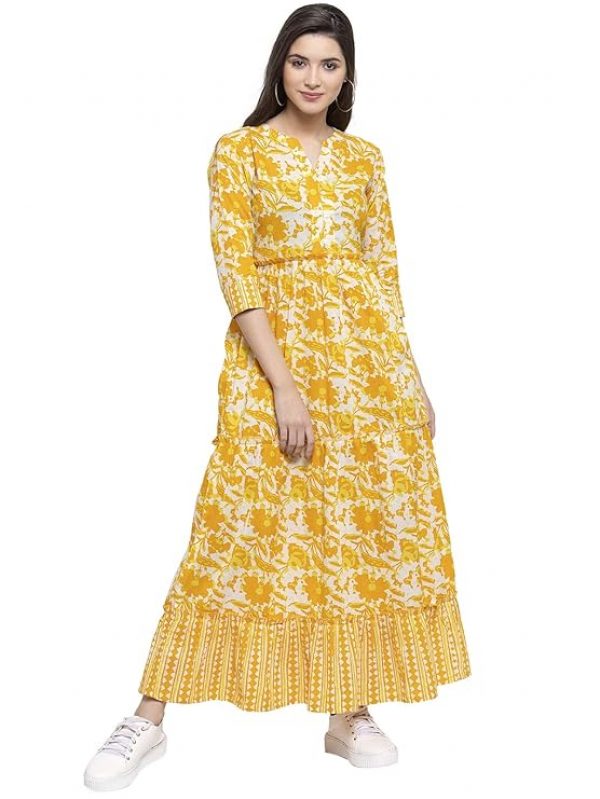 Indibelle Women Yellow & White Printed Maxi Dress