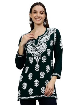 Seva ChikanFloral Embroidered Lucknowi Chikankari Straight Modal Kurti
