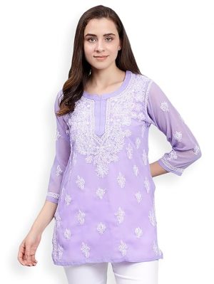 Seva Chikan Hand Embroidered Georgette Lucknowi Chikankari Top with Slip