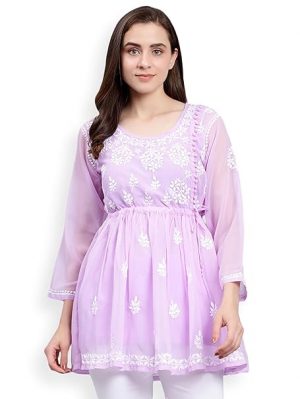 Seva Chikan Hand Embroidered Georgette Lucknowi Chikankari Top with Slip