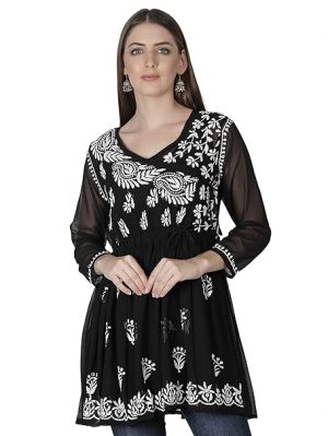 Seva Chikan Hand Embroidered Grey Georgette Lucknowi Chikankari Women's Short Tunic Top with Slip