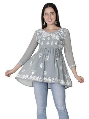 Seva Chikan Hand Embroidered Grey Georgette Lucknowi Chikankari Women's Short Tunic Top with Slip